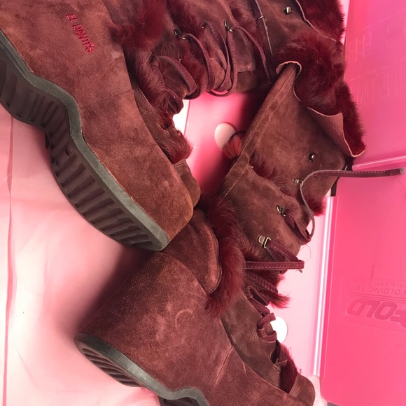 El Dantes burgundy fur knee boots goth platform 7 - Picture 6 of 8